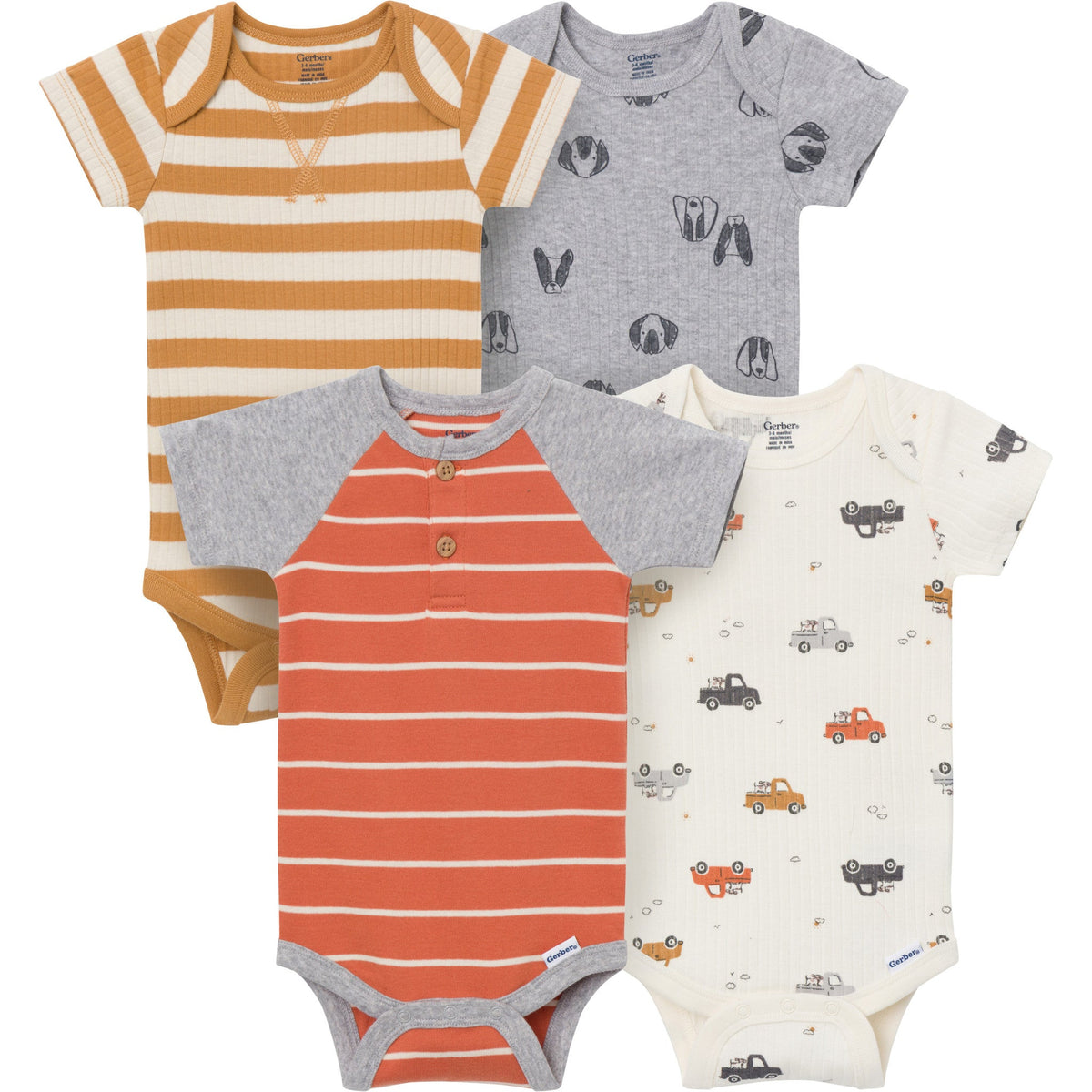 4-Pack Baby Boys Trucks & Dogs Short Sleeve Bodysuits-Gerber Childrenswear Wholesale