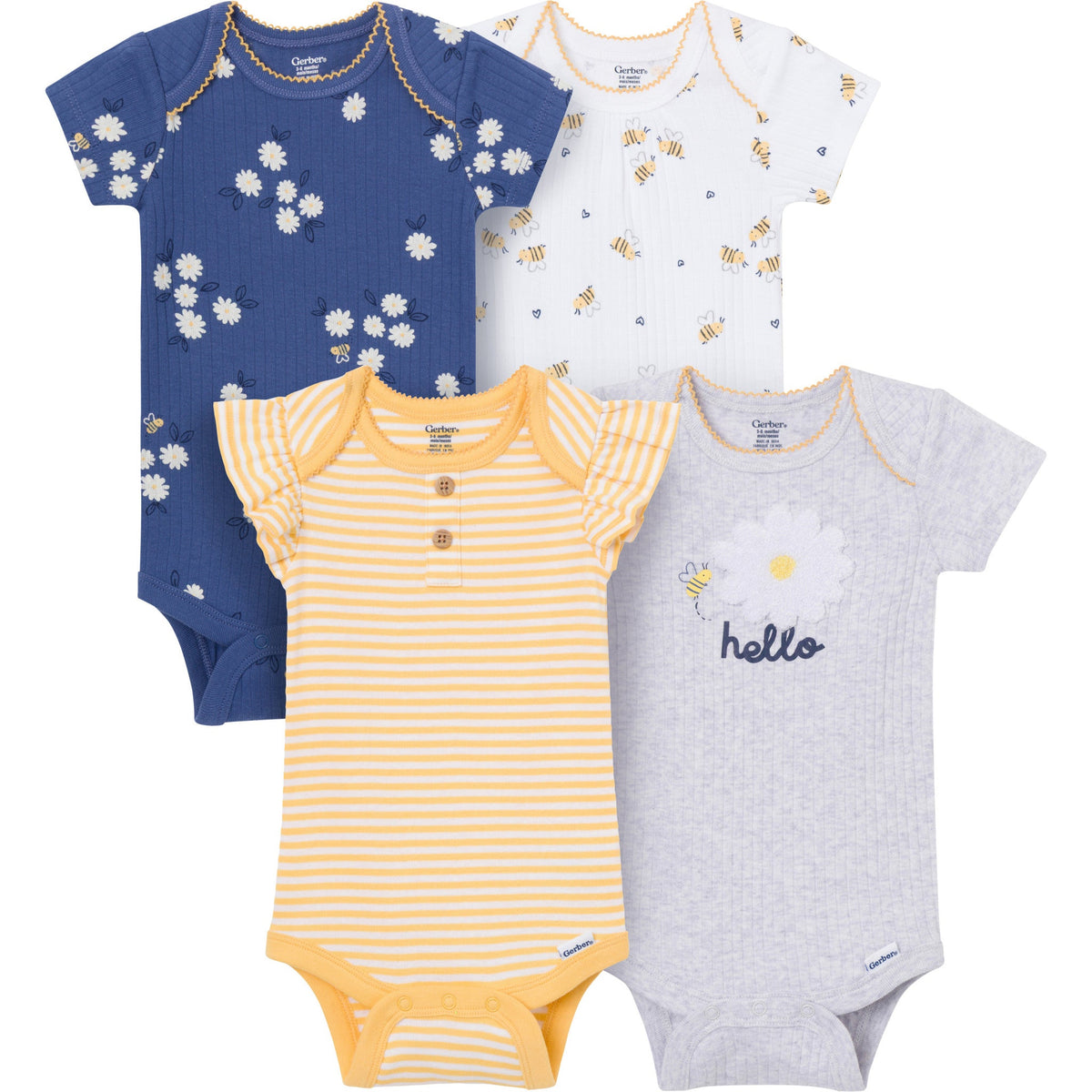 4-Pack Baby Girls Bee Flower Garden Short Sleeve Bodysuits-Gerber Childrenswear Wholesale