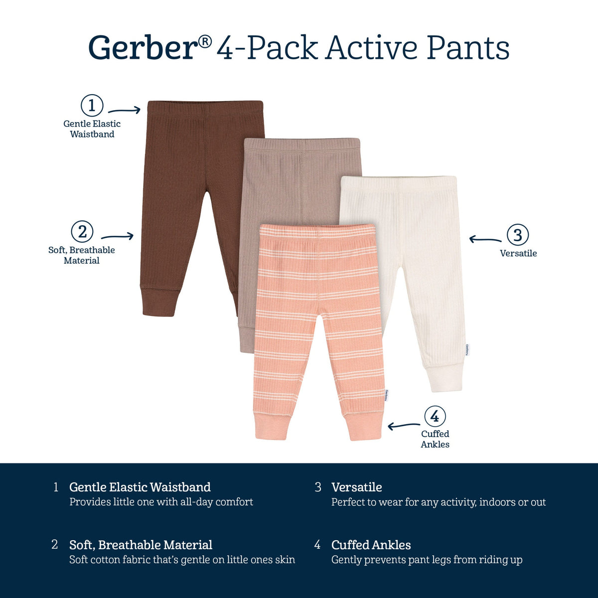 4-Pack Baby Girls Vanilla Active Pants, view 6