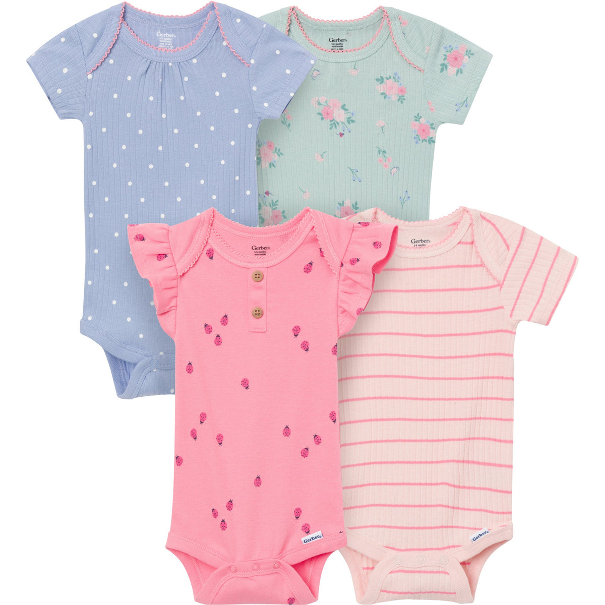 4-Pack Baby Girls Ladybug Pink Short Sleeve Bodysuits-Gerber Childrenswear Wholesale