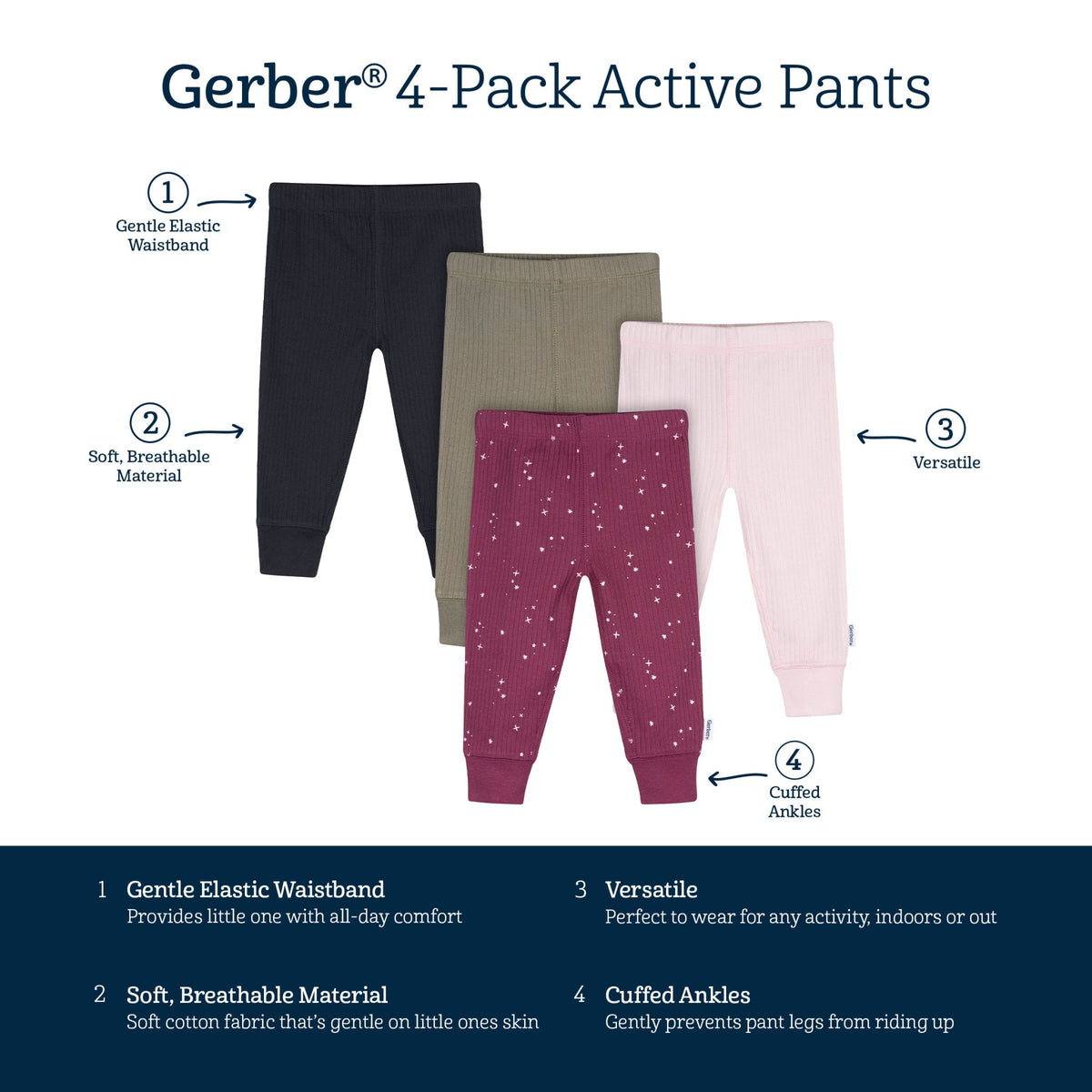 4-Pack Baby Girls Stars Active Pants, view 6