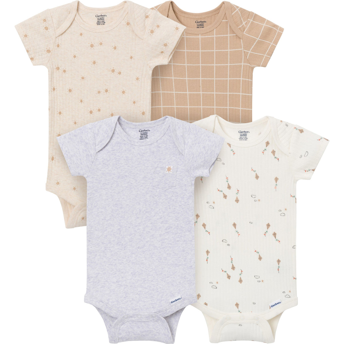 4-Pack Baby Neutral Sunny Day Kites Short Sleeve Bodysuits-Gerber Childrenswear Wholesale