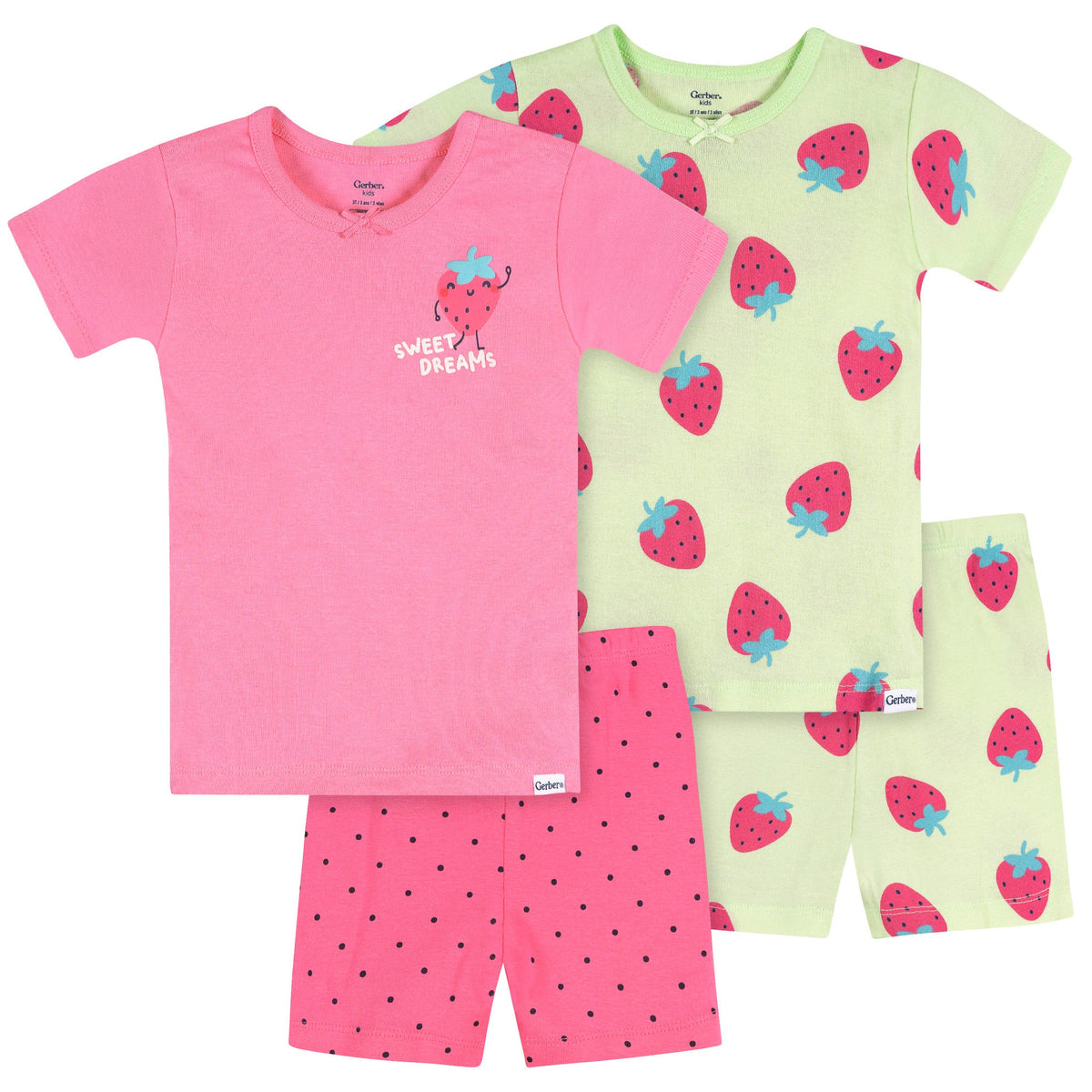 4-Piece Infant & Toddler Girls Pink and Green Strawberries Cotton Pajama Short Set