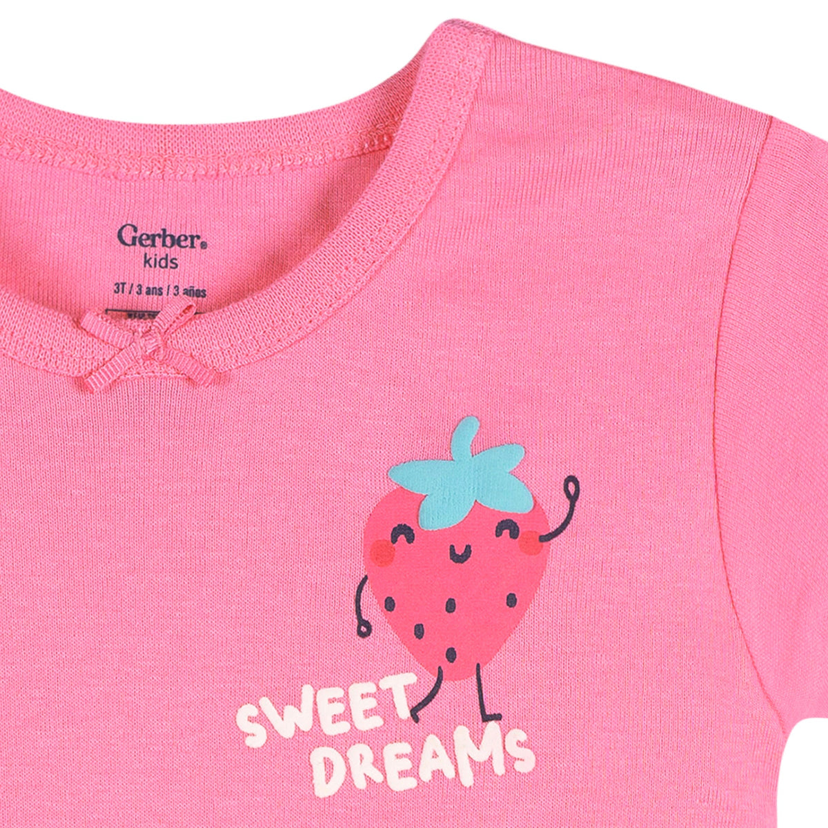 4-Piece Infant & Toddler Girls Pink and Green Strawberries Cotton Pajama Short Set, view 3