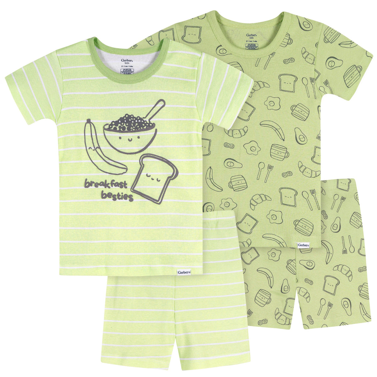 4-Piece Infant & Toddler Neutral Green Breakfast Cotton Pajamas
