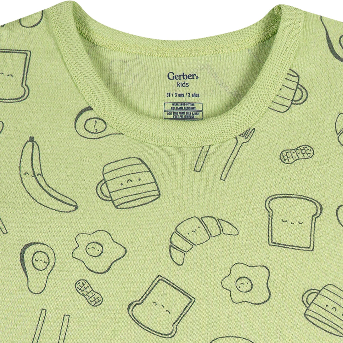 4-Piece Infant & Toddler Neutral Green Breakfast Cotton Pajamas, view 3