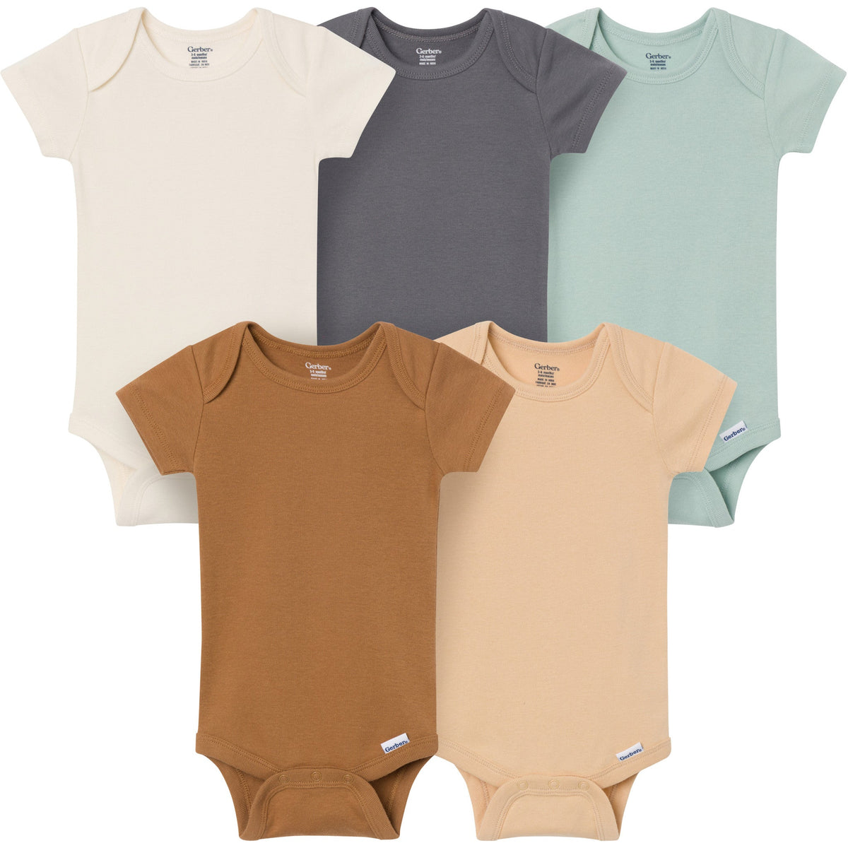 5-Pack Baby Neutral Earth Tone Short Sleeve Bodysuits-Gerber Childrenswear Wholesale