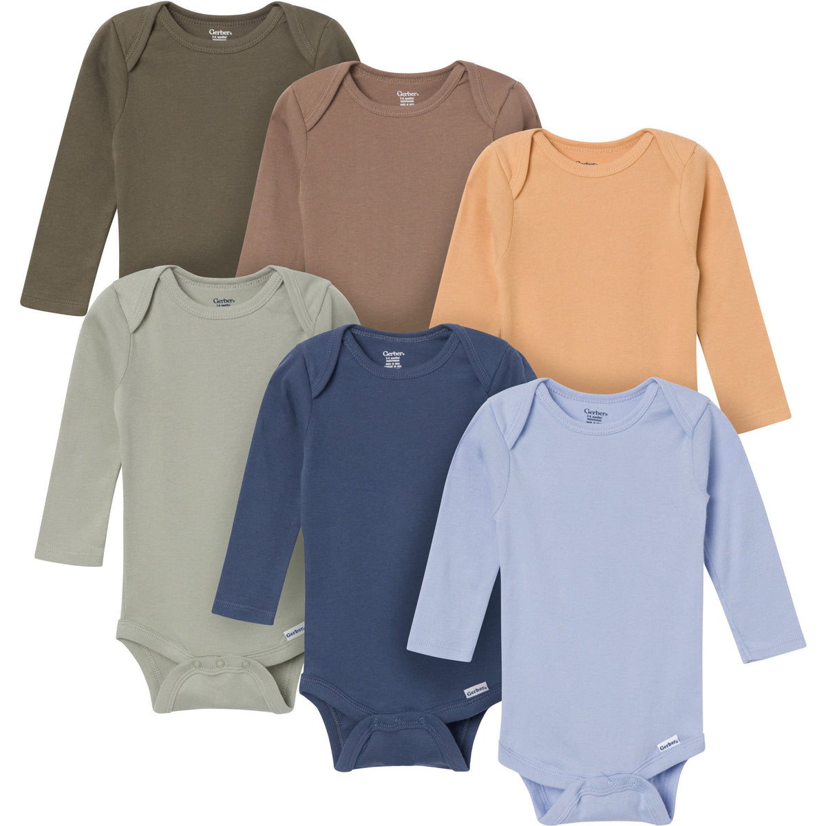 6-Pack Baby Boys Blue, Green, Brown and Yellow Long Sleeve Bodysuits-Gerber Childrenswear Wholesale