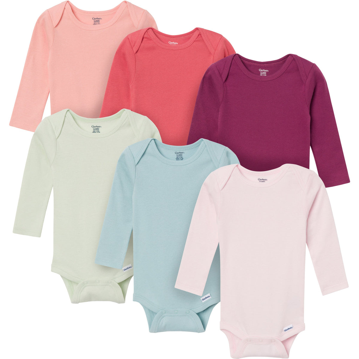6-Pack Baby Girls Pink, Purple and Green Long Sleeve Bodysuits-Gerber Childrenswear Wholesale