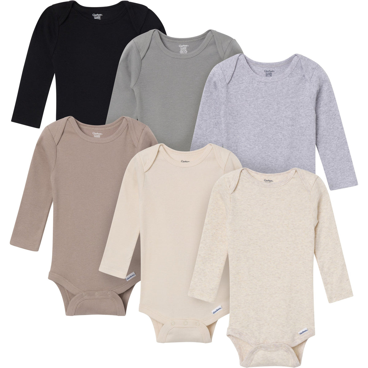 6-Pack Baby Neutral Gray, Black and Brown Long Sleeve Bodysuits-Gerber Childrenswear Wholesale