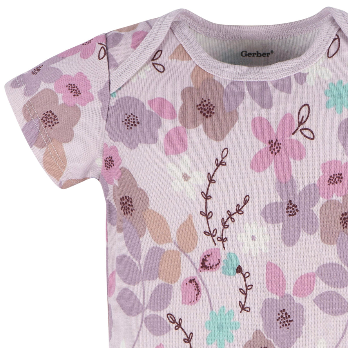 Baby Girls Purple Floral Short Sleeve Onesies Bodysuit, view 2