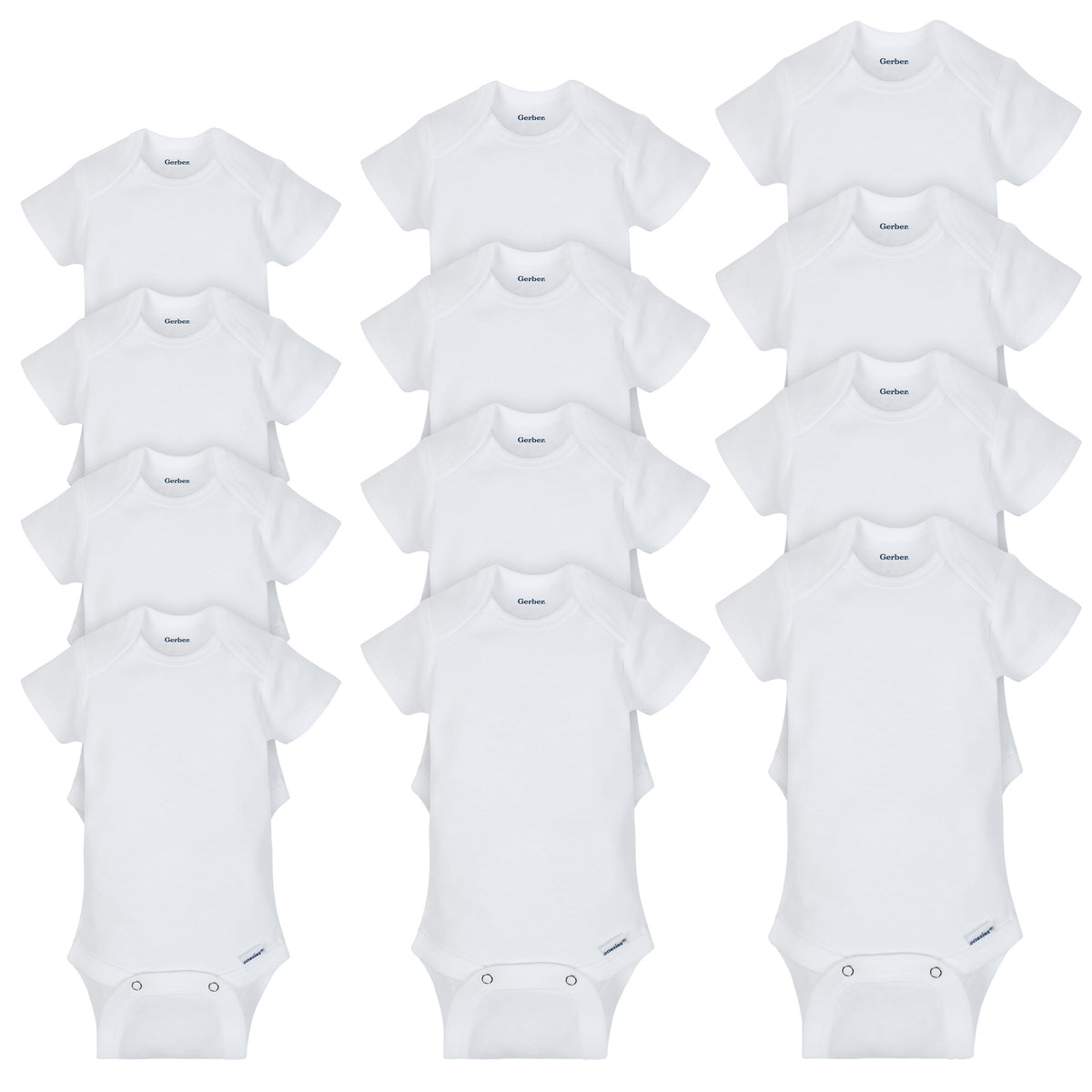 12-Piece White Organic Short Sleeve Onesies Bodysuits Grow-With-Me Set