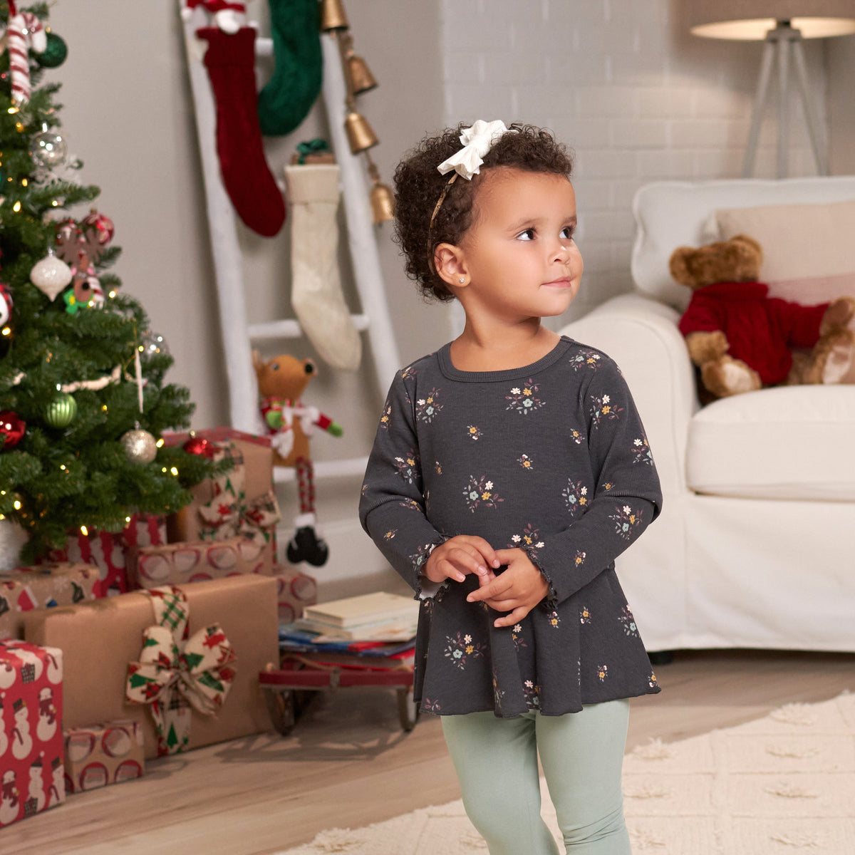 2-Pack Infant & Toddler Girls Mustard & Plum Floral Peplum Tops, view 2