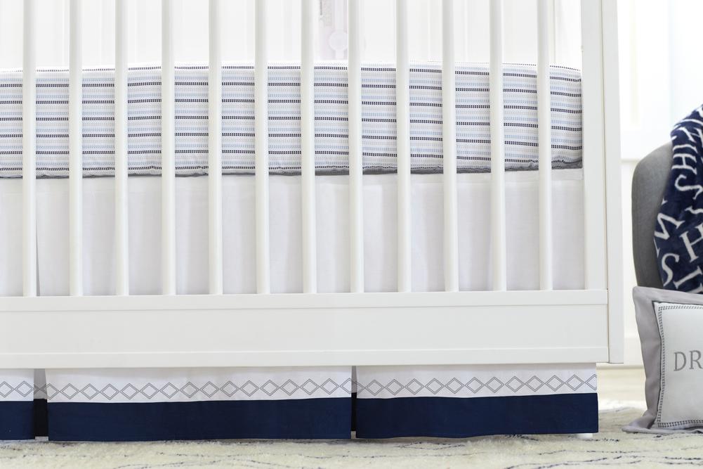 Just Born Dream Crib Skirt, White & Navy Diamond, view 3