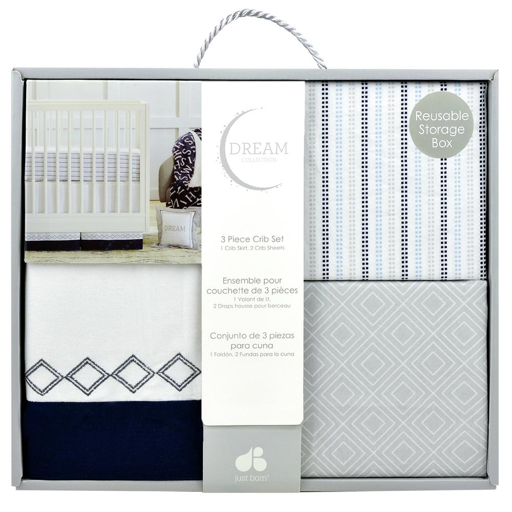 Just Born Dream 3-Piece Crib Set, Navy/Gray