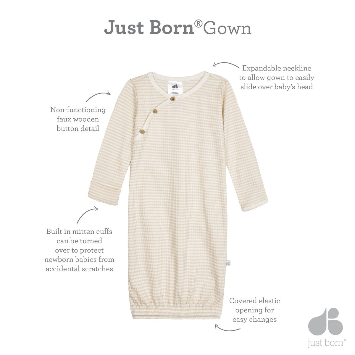 Baby Neutral Almond Stripe Gown-Gerber Childrenswear Wholesale