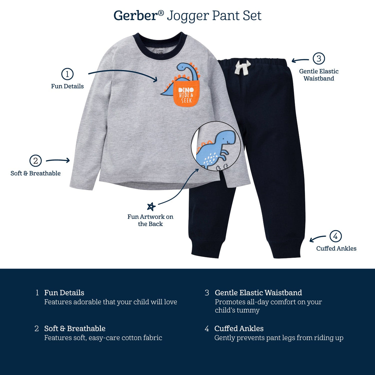 2-Piece Baby & Toddler Boys Dinosaurs Long Sleeve Shirt & Jogger Pants Set, view 5