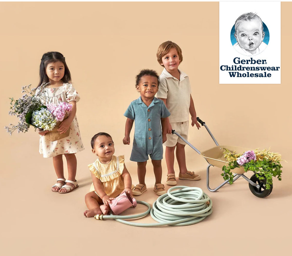 Children in colorful clothing with gardening accessories on a beige background, featuring the Gerber Childrenswear Wholesale logo.