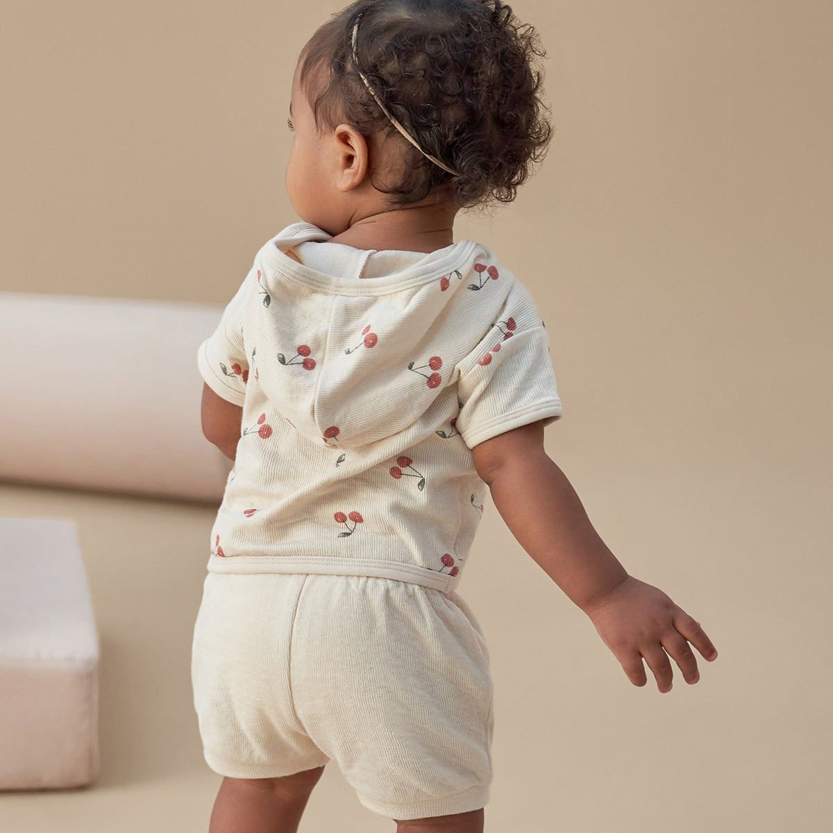 Baby Beige Cherries Short Sleeve Hooded Top, view 2