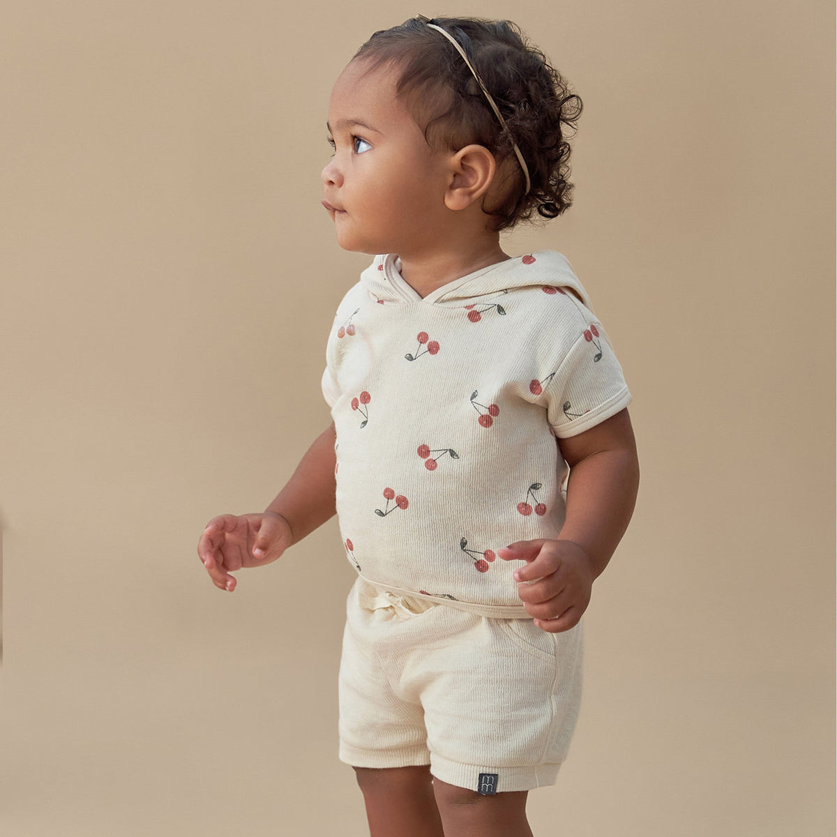 Baby Beige Cherries Short Sleeve Hooded Top, view 3