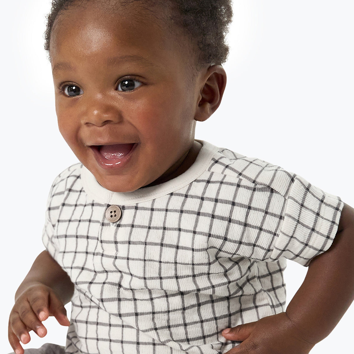Baby Boys Dk Grey Plaid Henley Drop Shoulder Top, view 2