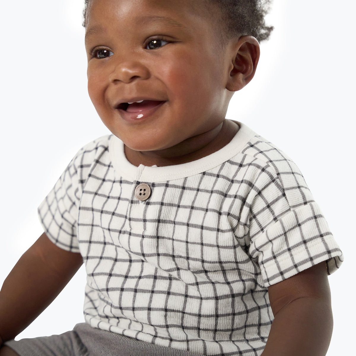 Baby Boys Dk Grey Plaid Henley Drop Shoulder Top, view 4