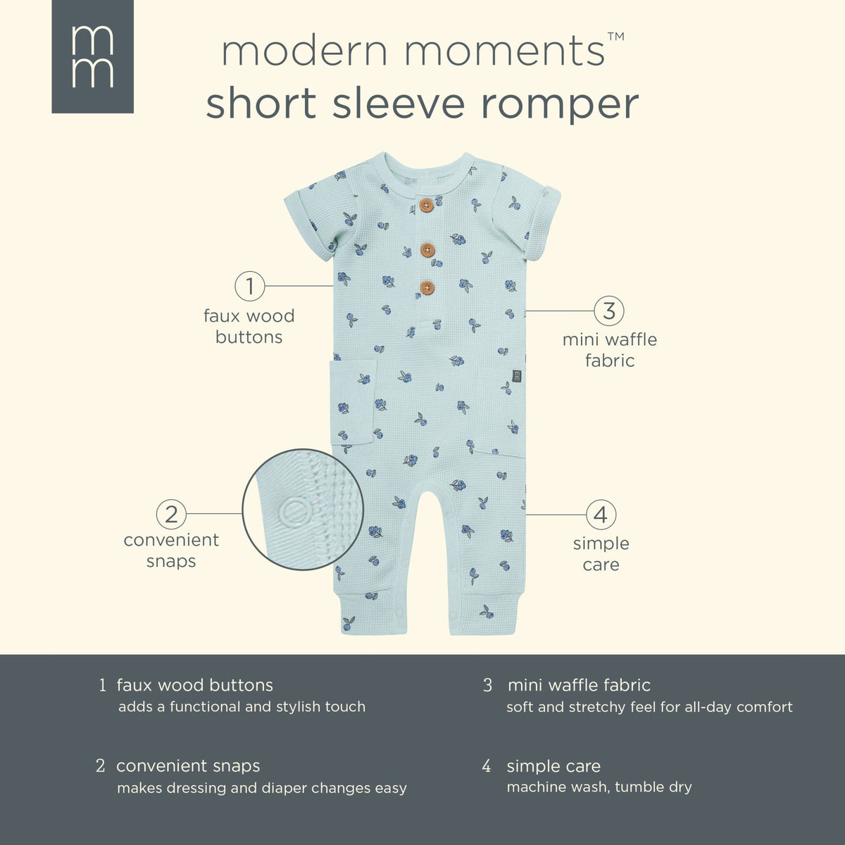 Baby Girls Light Sky Blueberry Short Sleeve Long Leg Romper-Gerber Childrenswear Wholesale