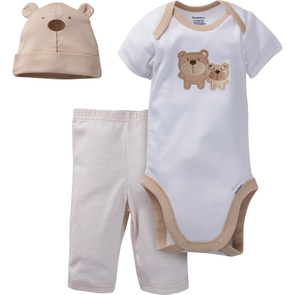 3-Piece Neutral Brown Bear Bodysuit & Pant Set