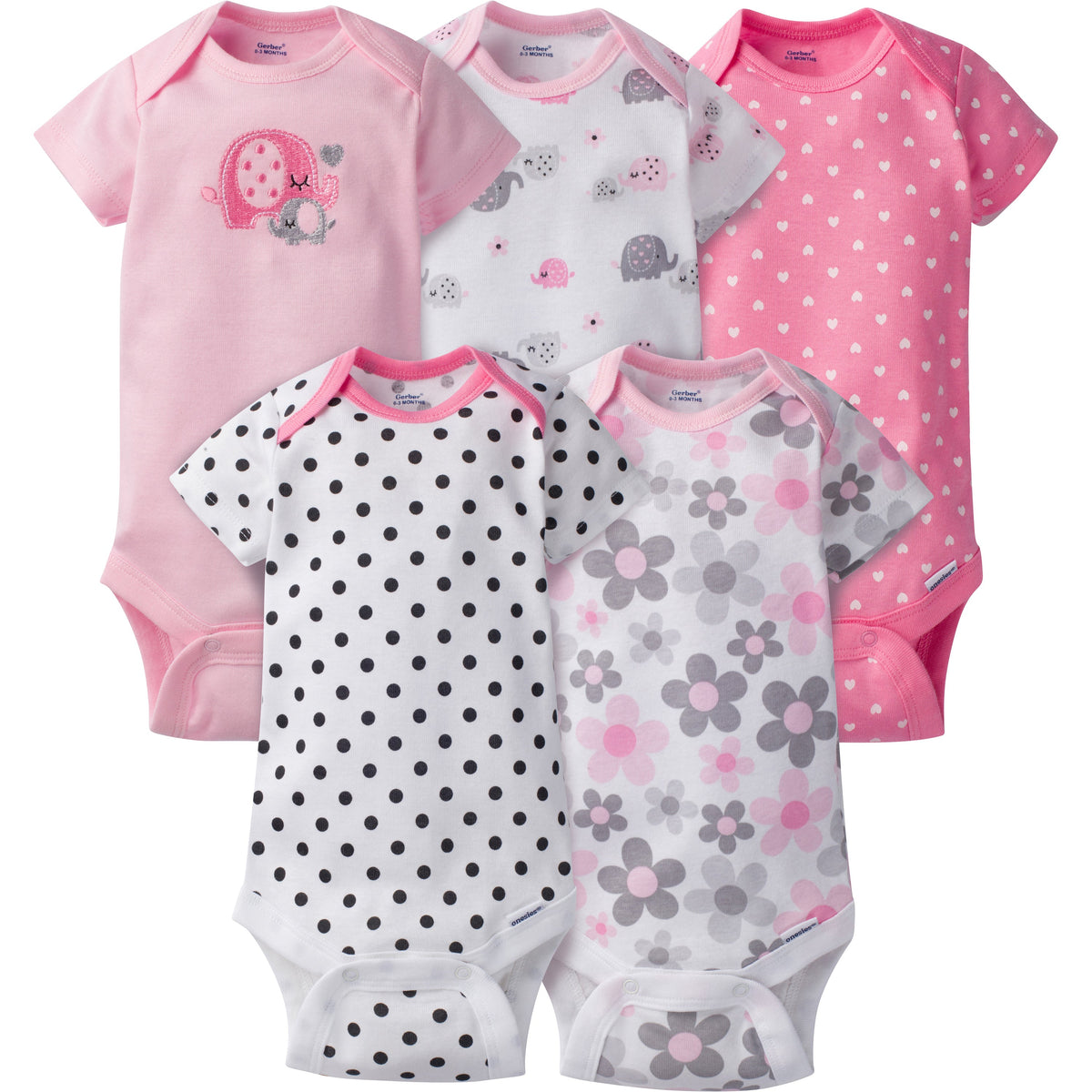 5-Pack Baby Girls Elephant Short Sleeve Onesies Bodysuits