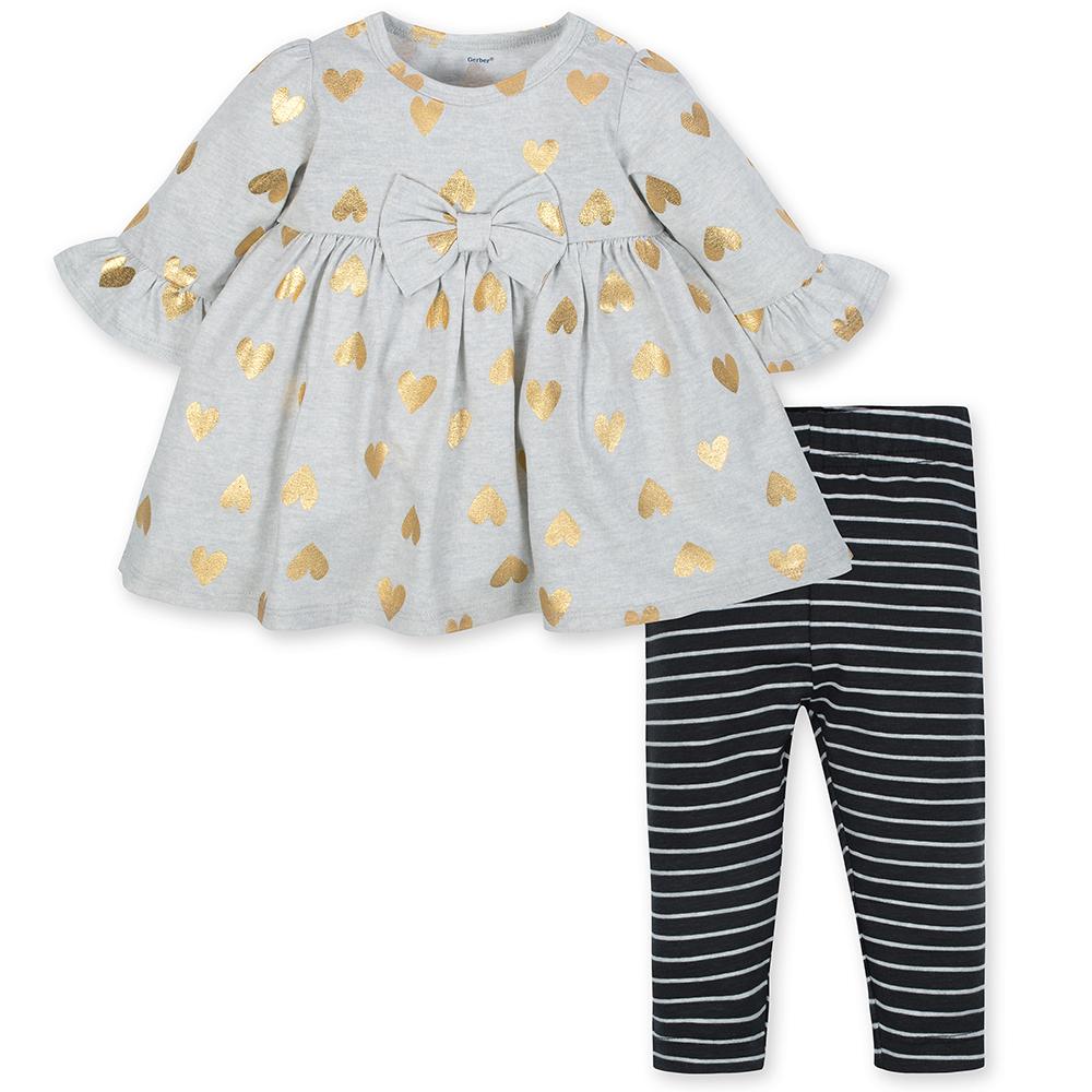 2-Piece Girls Gold Hearts Dress & Legging Set