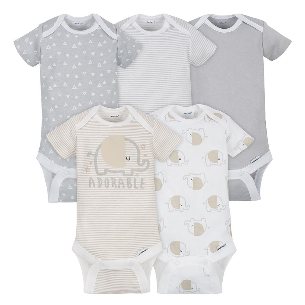 5-pack Neutral Grey Elephant Short Sleeve Onesies Bodysuits