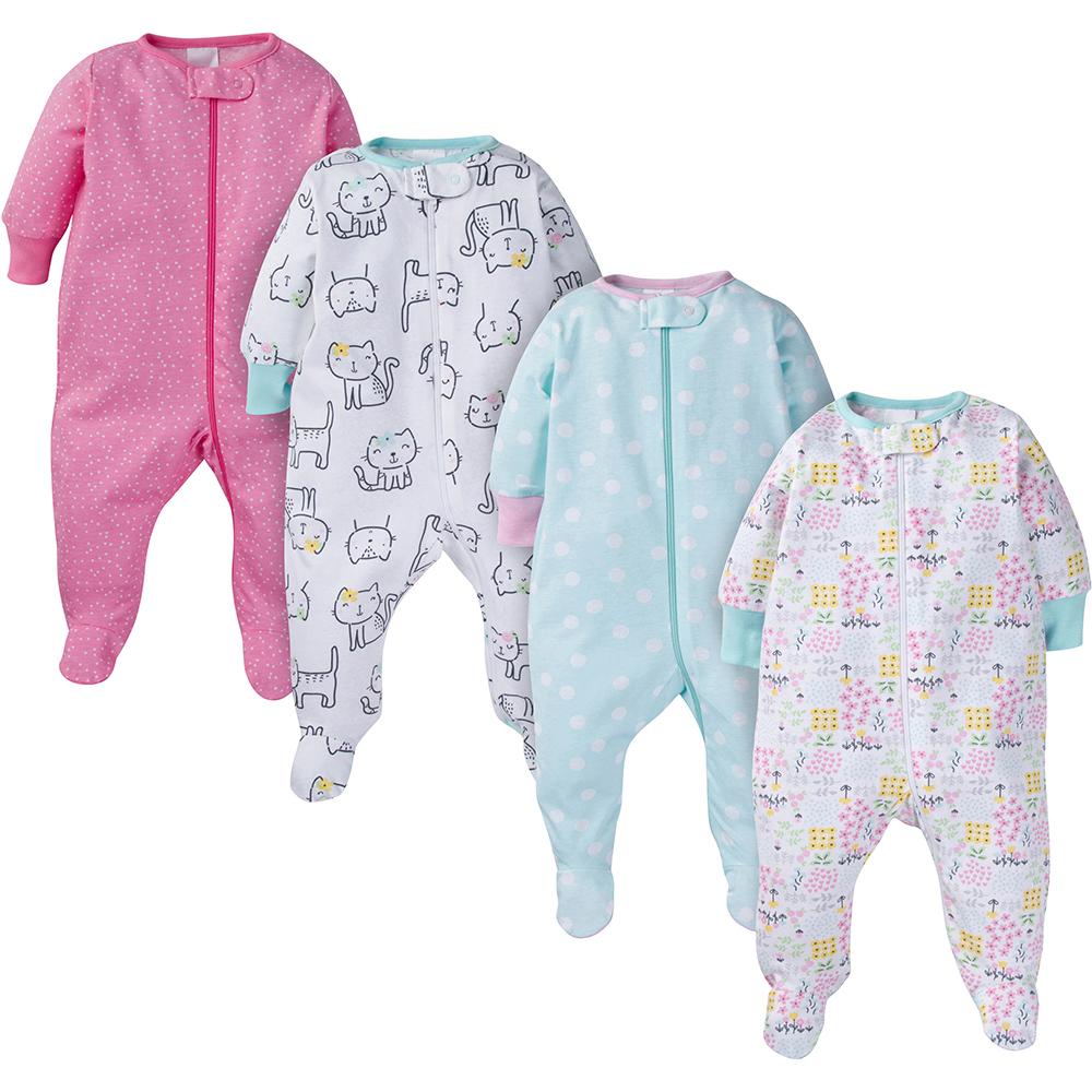 4-Pack Onesies Brand Baby Girl Kitty Sleep N' Play
