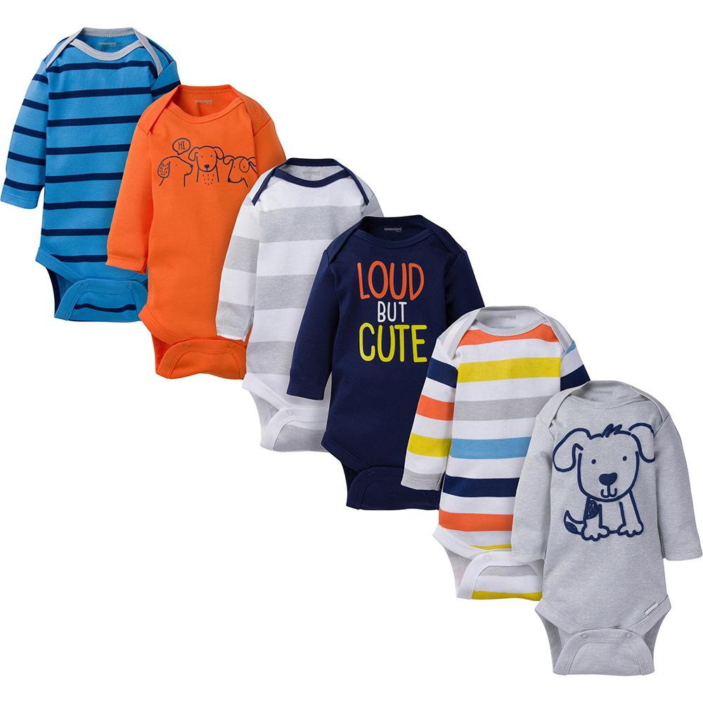 6-Pack Onesies Brand Baby Boy Navy & Orange Long Sleeve Bodysuits