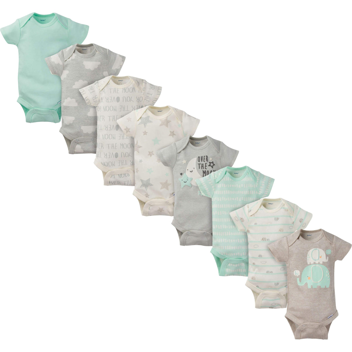8-Pack Neutral Elephant Short-Sleeve Onesies Bodysuits