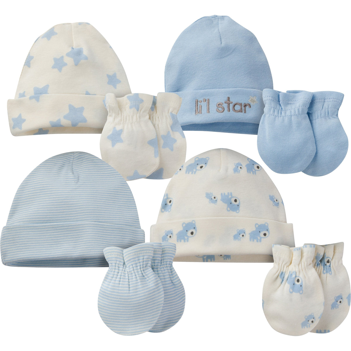 8-Piece Boys Bear Organic Cap and Mitten Set