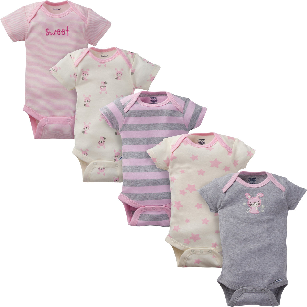 5-Pack Girls Bunny Organic Short-Sleeve Onesies Bodysuits