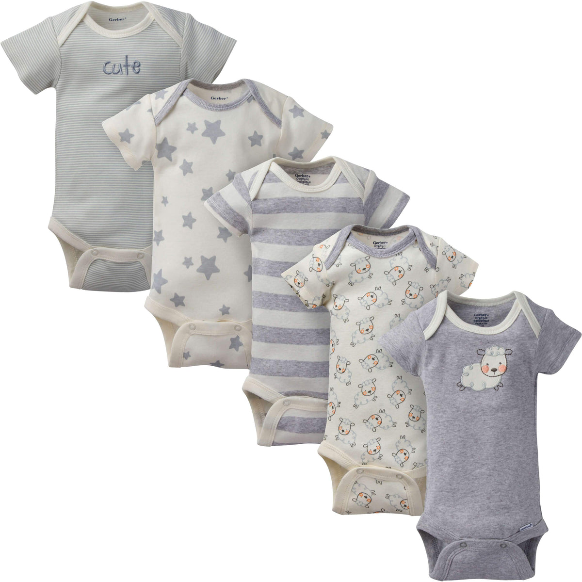 5-Pack Neutral Sheep Organic Short-Sleeve Onesies Bodysuits
