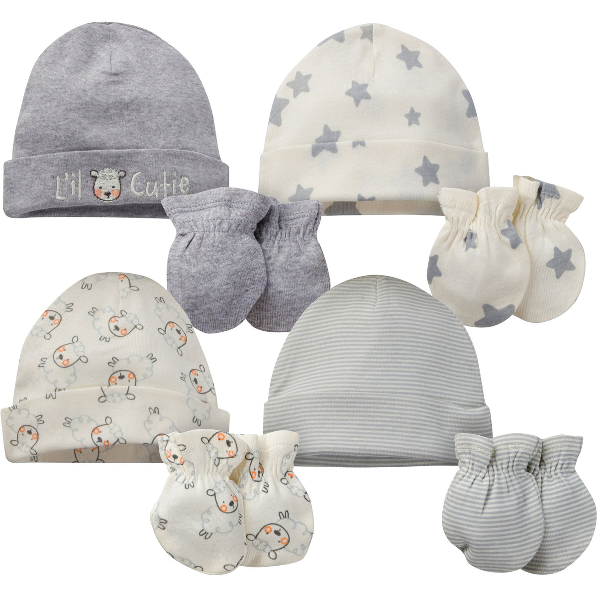 8-Piece Neutral Sheep Organic Cap and Mitten Set