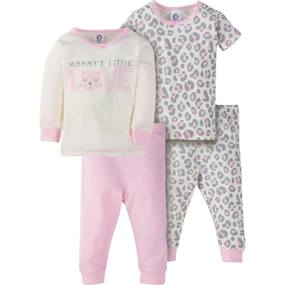 4-Piece Girls Pink Leopard Snug Fit PJs