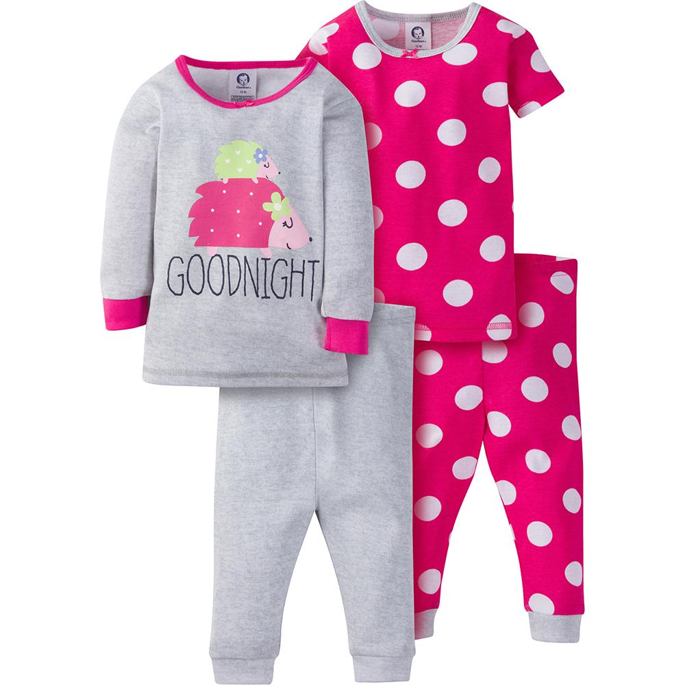 4-Piece Girls Pink Dot Snug Fit PJs