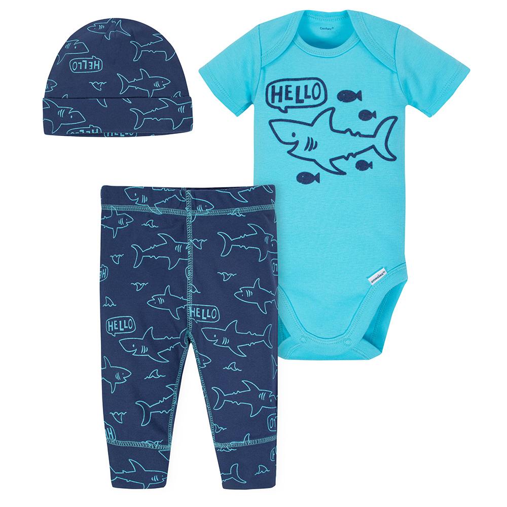 3-Piece Baby Boys Shark Bodysuit & Pants Set