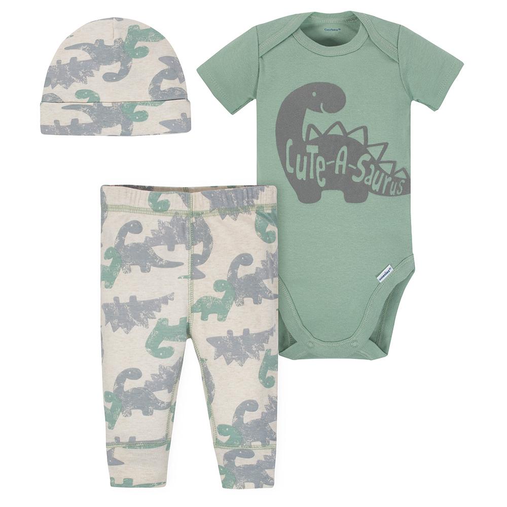 3-Piece Baby Boys Dino Bodysuit, Pants & Cap Set