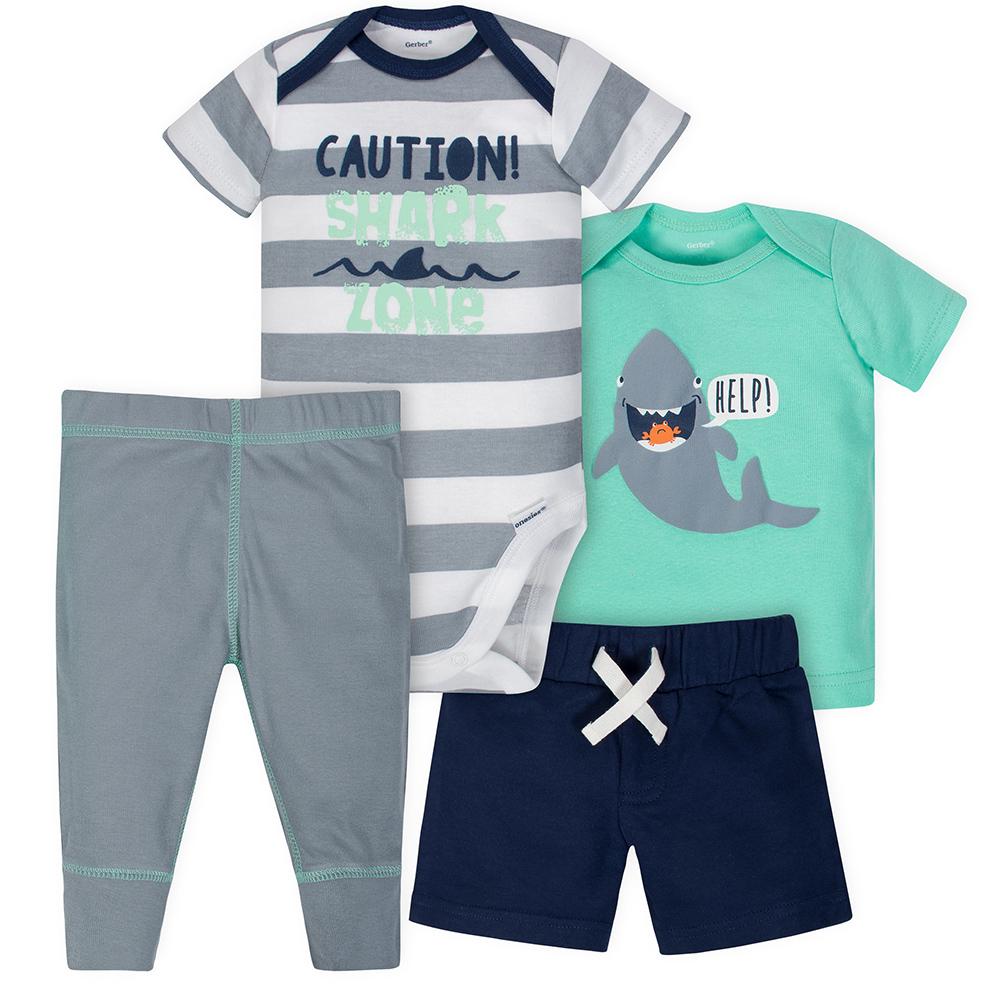 4-Piece Baby Boys Shark Onesies Bodysuit, Shirt, Pants and Short Set