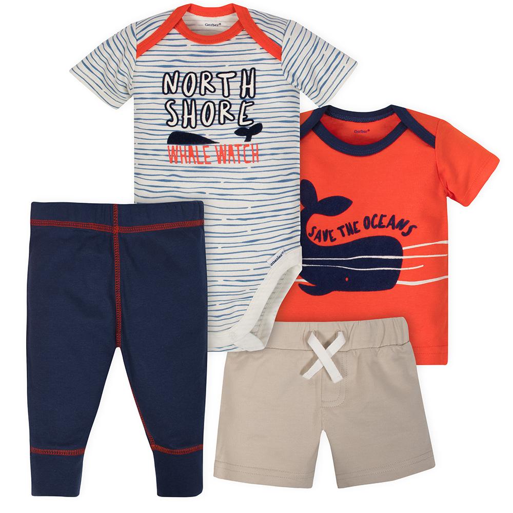 4-Piece Baby Boys Whale Watch Onesies Bodysuit, Shirt, Pants and Short Set