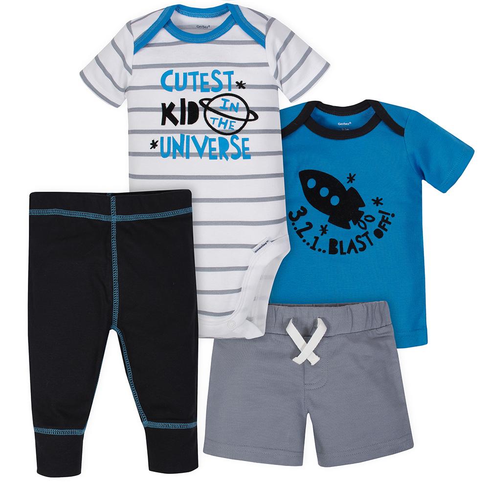 4-Piece Baby Boys Rocket Ship Onesies Bodysuit, Shirt, Pants & Short Set