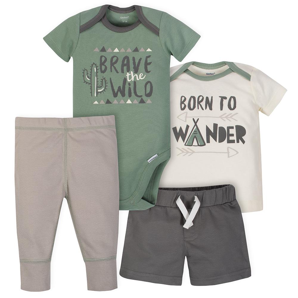 4-Piece Baby Boys Born to Wonder Onesies Bodysuit, Shirt, Pants and Short Set