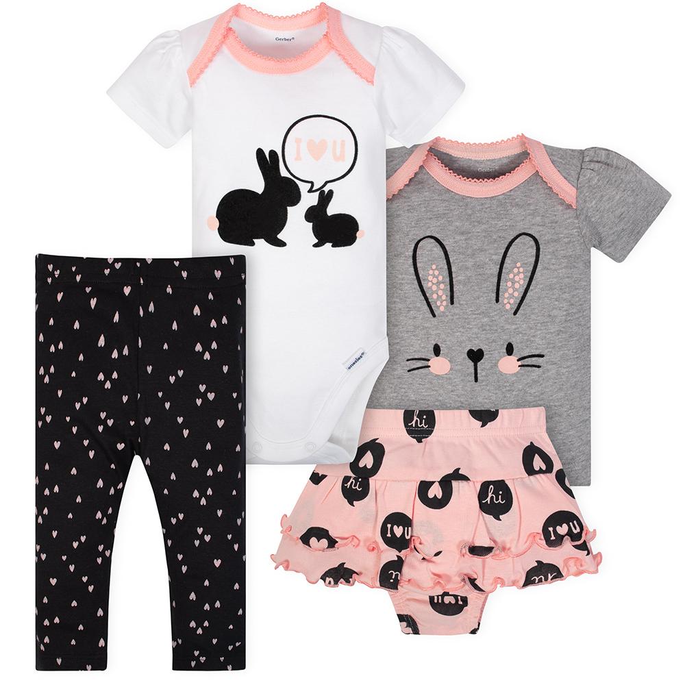 4-Piece Baby Girls Bunny Onesies Bodysuit, Shirt, Pants, and Skort Set