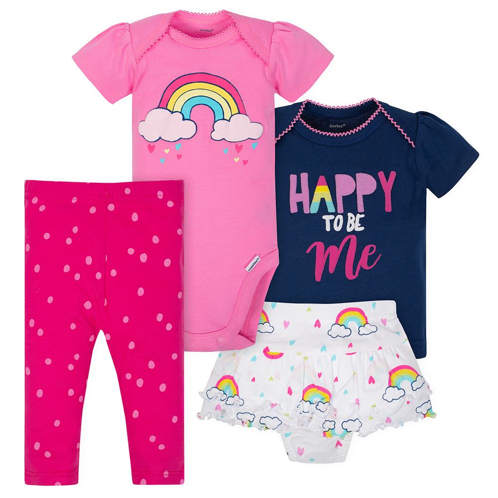4-Piece Baby Girls Rainbow Onesies Bodysuit, Shirt, Pants & Skort Set
