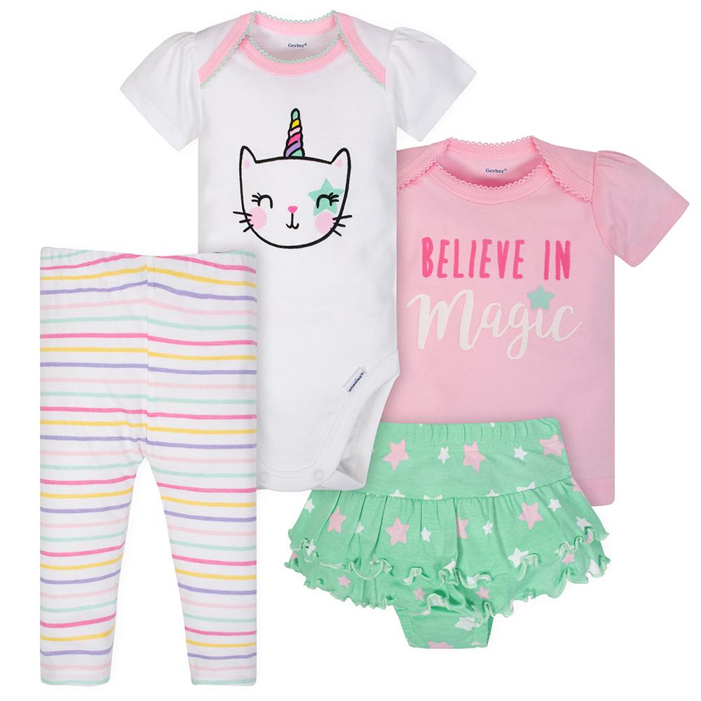 4-Piece Baby Girls Pop Star Onesies Bodysuit, Shirt, Pants, and Short Set