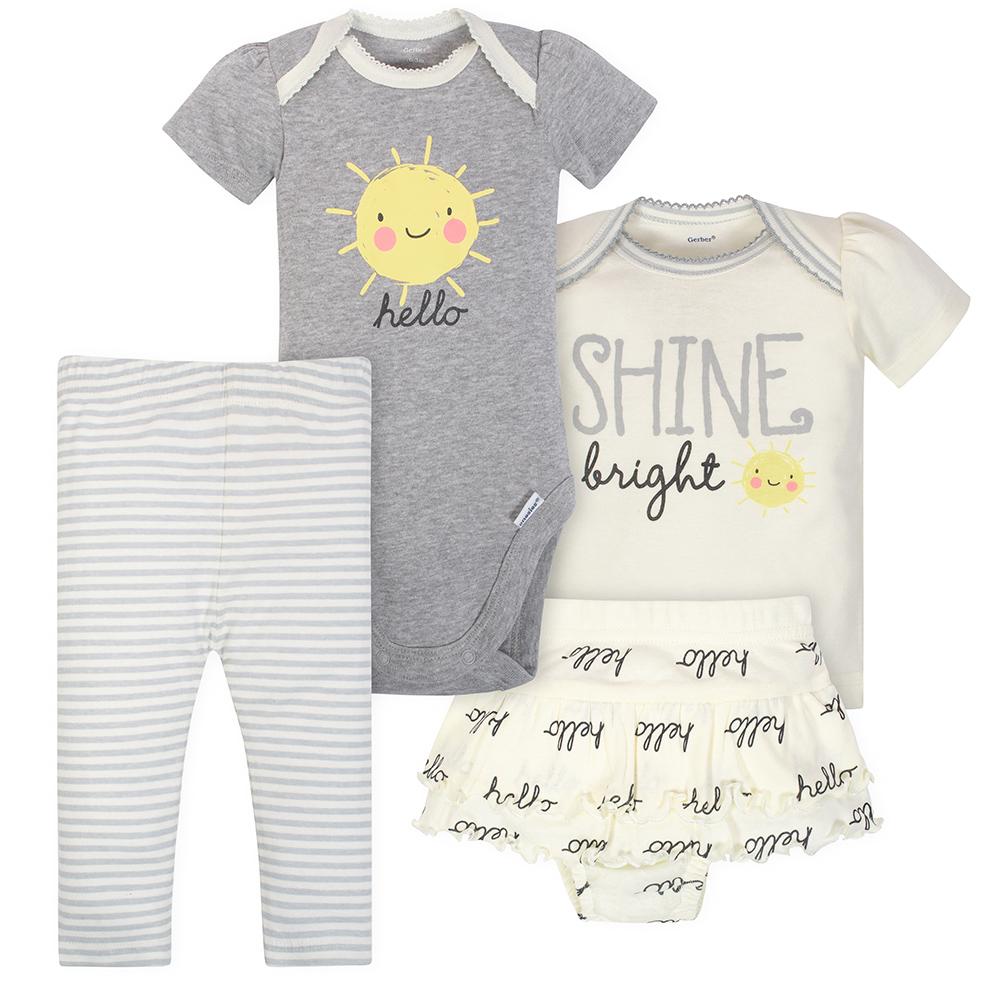 4-Piece Baby Girls Sunshine Onesies Bodysuit, Shirt, Pants & Skort Set